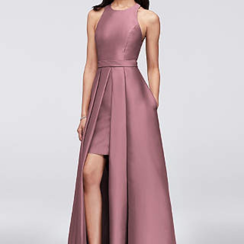 DAVID'S BRIDAL Mikado Walkthrough Hi Low Rose Quartz Ball Gown 6